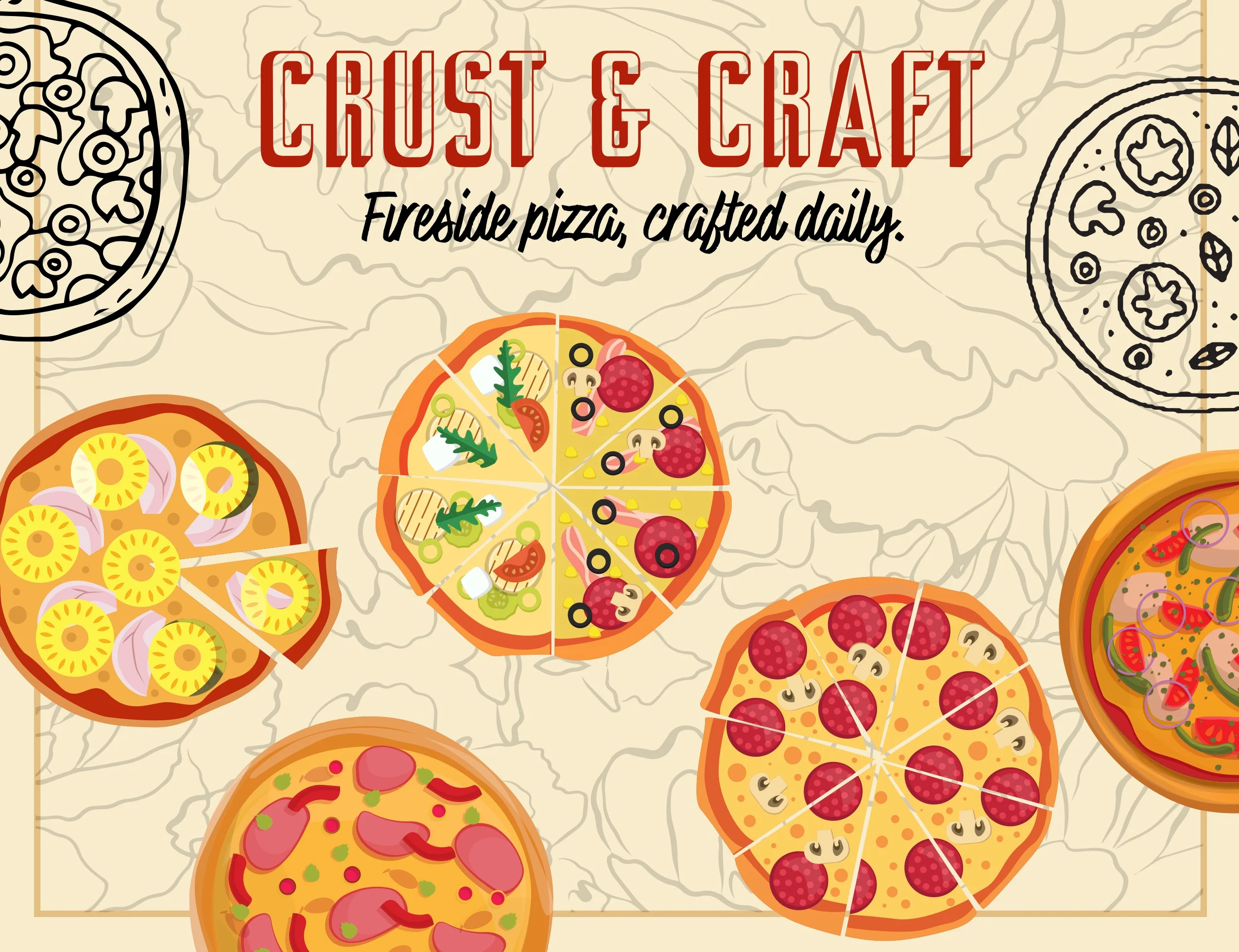 Variety of artisan pizzas from a wood-fired oven