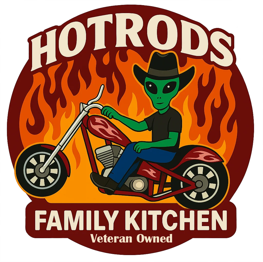 Logo of Hotrods Family Kitchen featuring an alien on a motorcycle