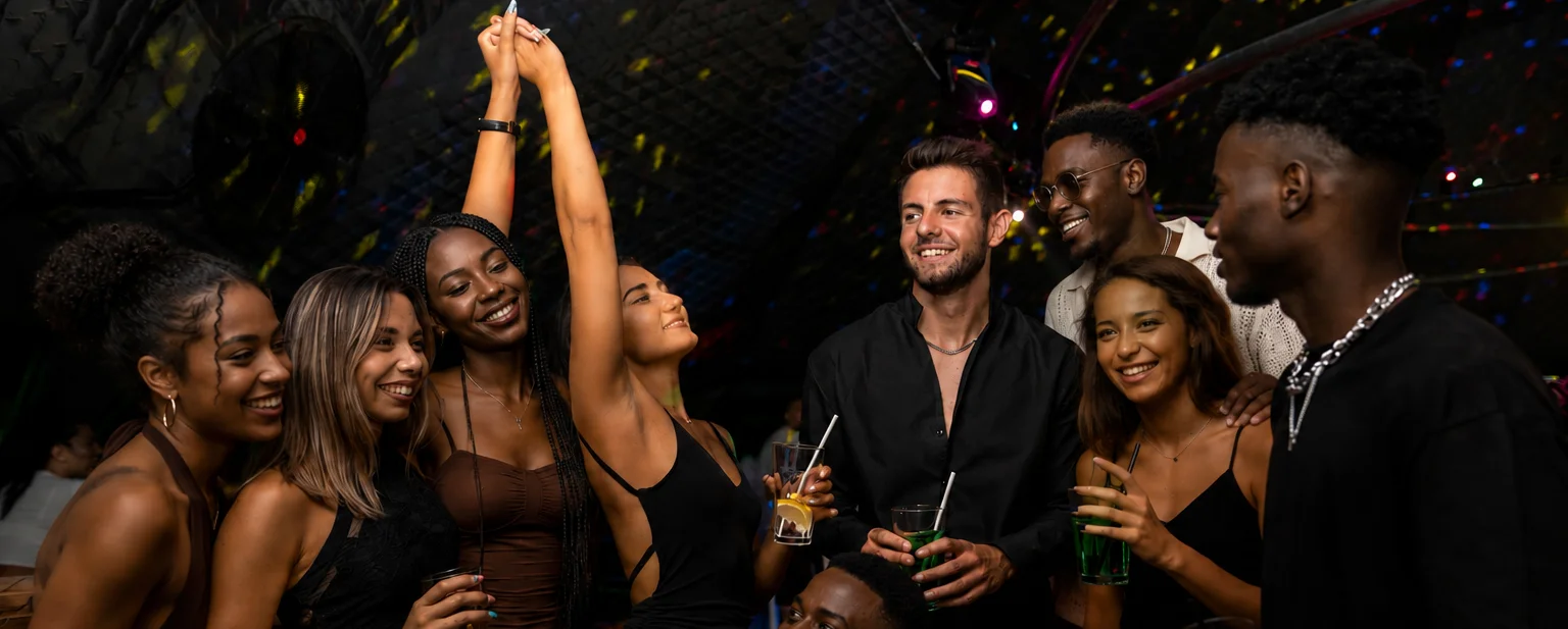 Group of friends enjoying drinks at a lively bar