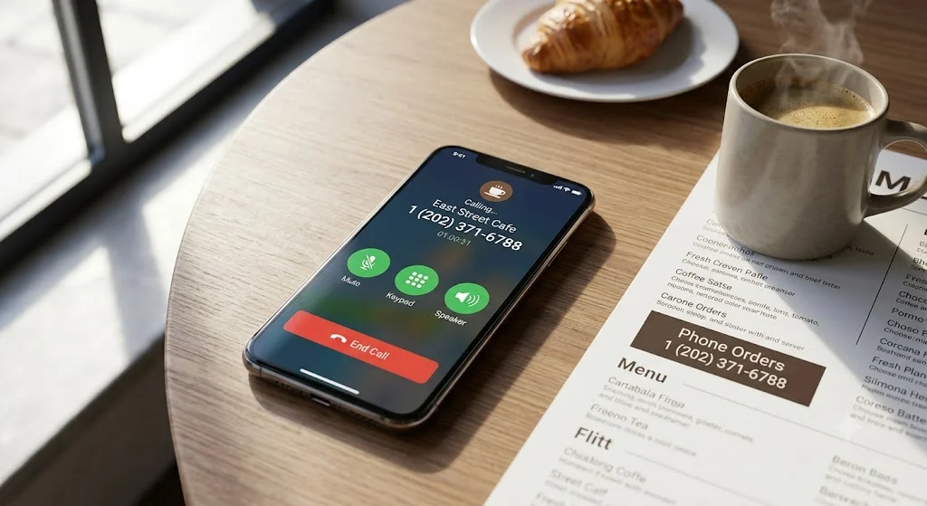 Smartphone on a table with coffee and croissant in a cafe setting