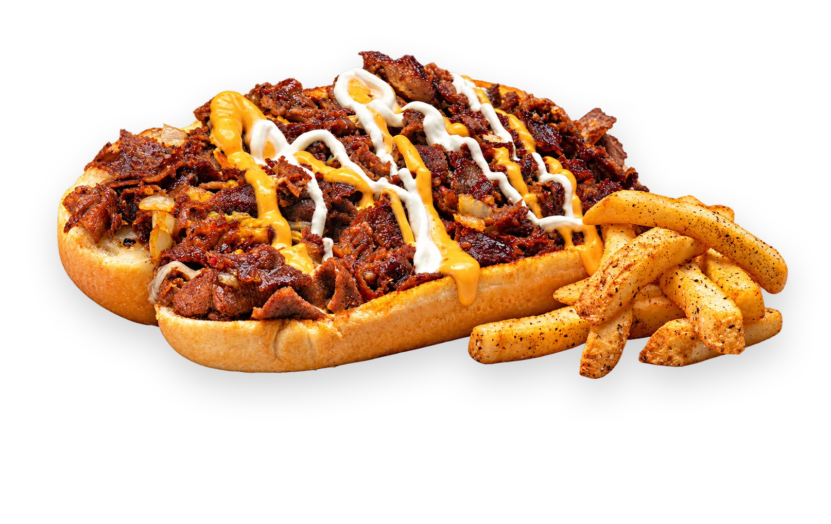 A delicious sandwich filled with beef, vegetables, and sauces.