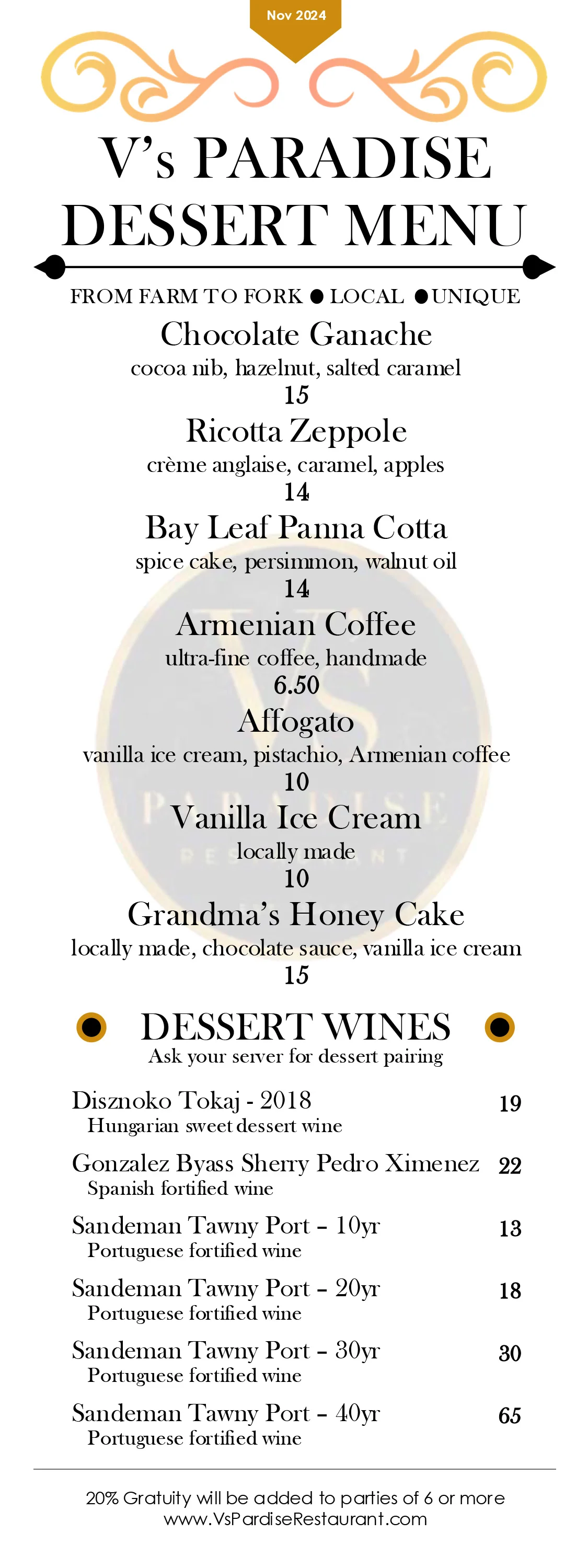 Dessert menu featuring unique sweet dishes and dessert wines