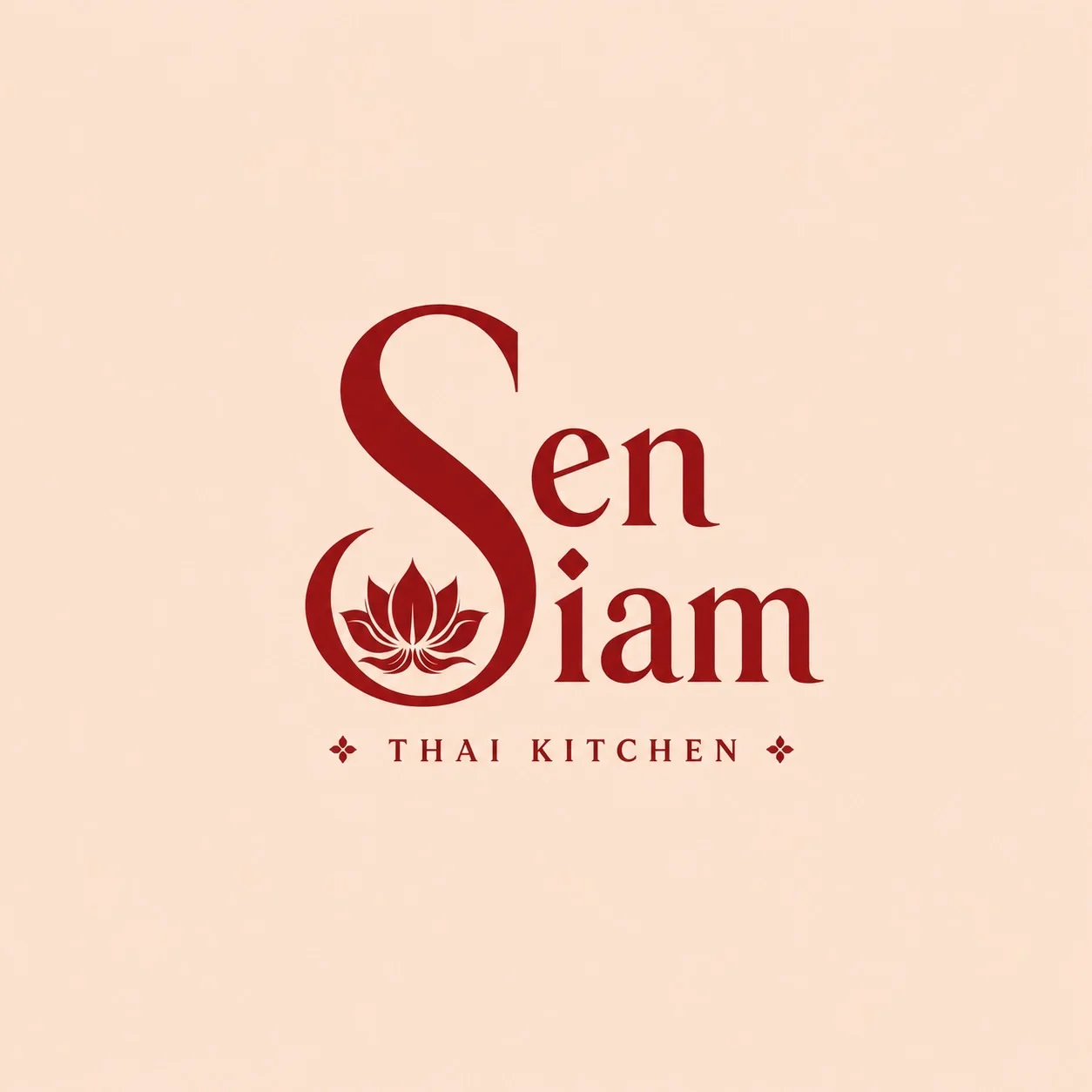 A logo design featuring the name 'Sen Siam' in elegant font with a lotus symbol integrated into the design, showcasing a warm color palette.