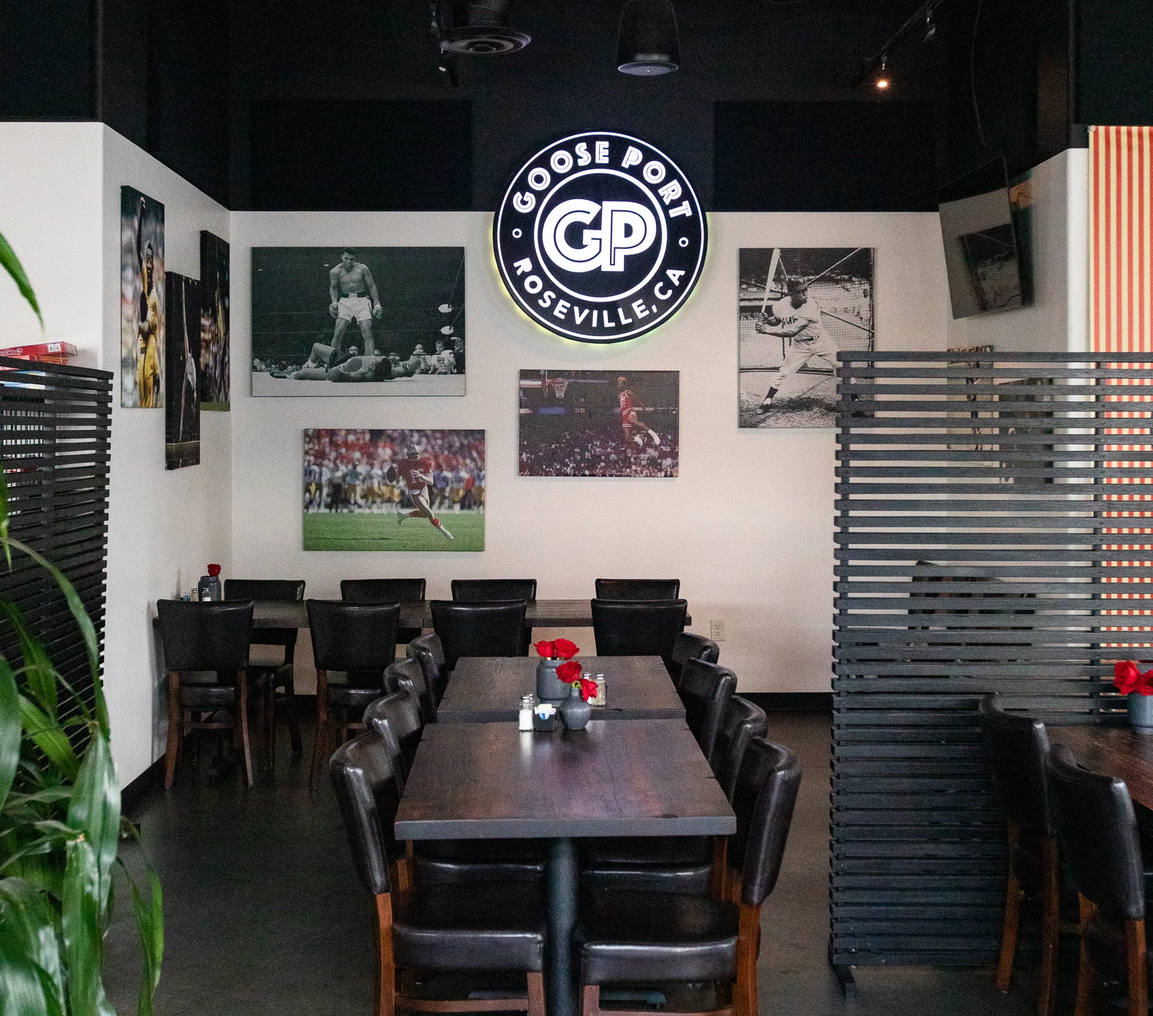 Modern restaurant interior with bar and seating area