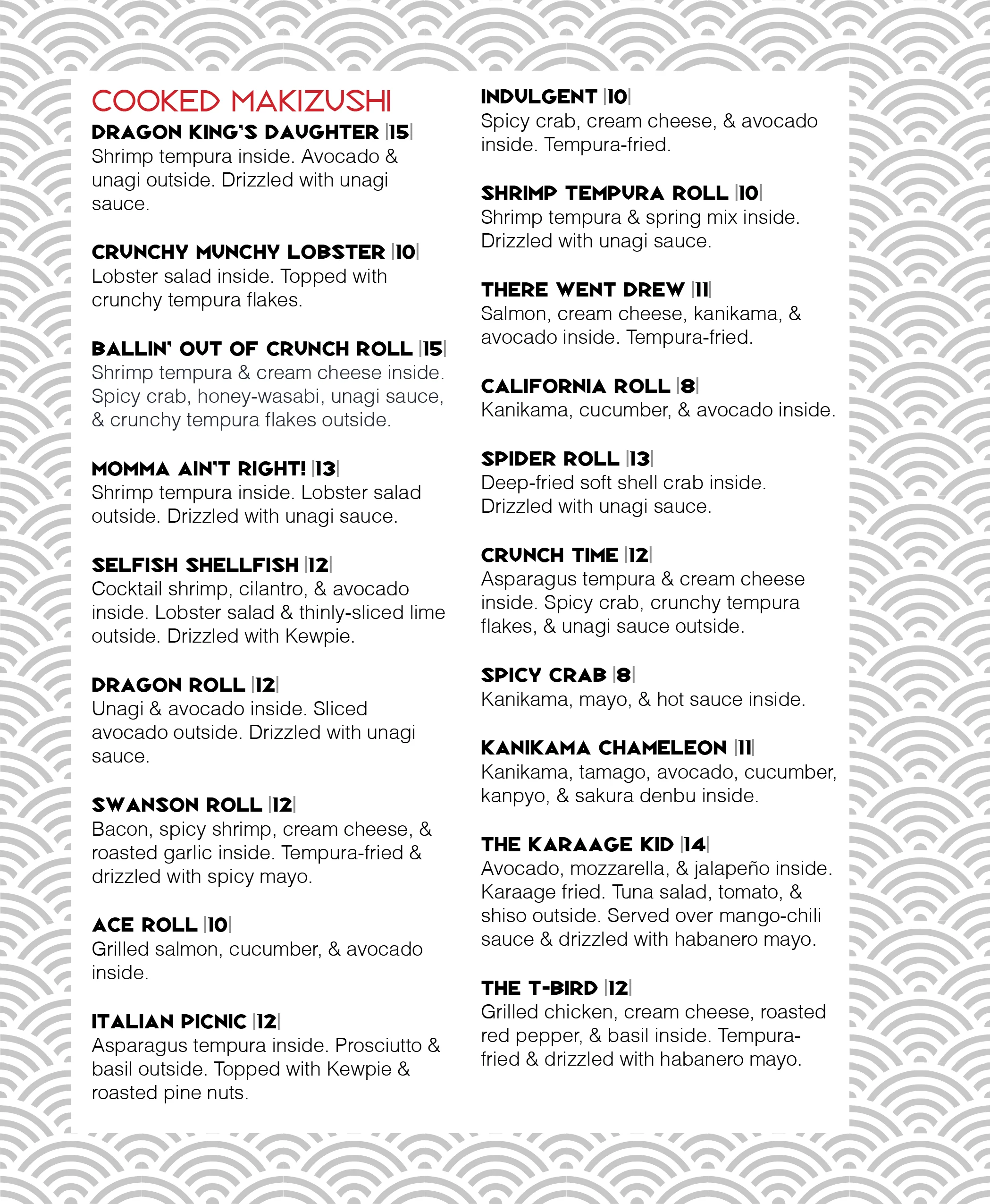 Variety of Japanese makizushi rolls on a restaurant menu