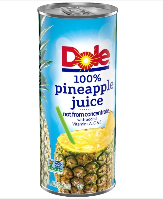 A can of 100% pineapple juice, showcasing a bright design with a pineapple motif.