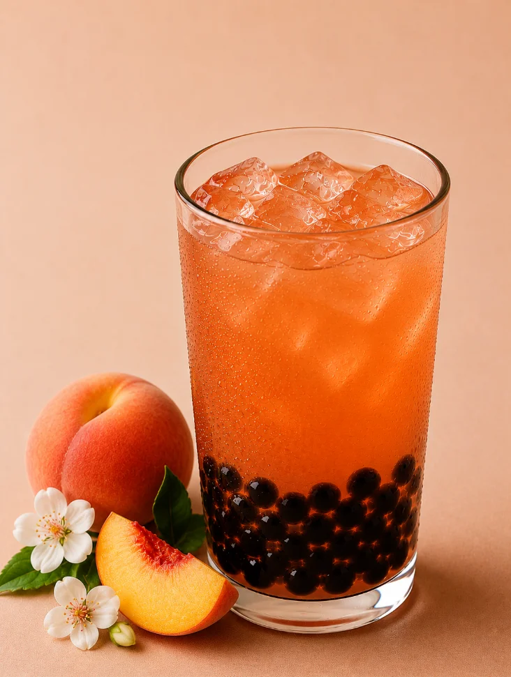 A glass of peach-flavored beverage with ice, featuring black tapioca pearls at the bottom. Fresh peaches and white flowers are placed beside the glass.