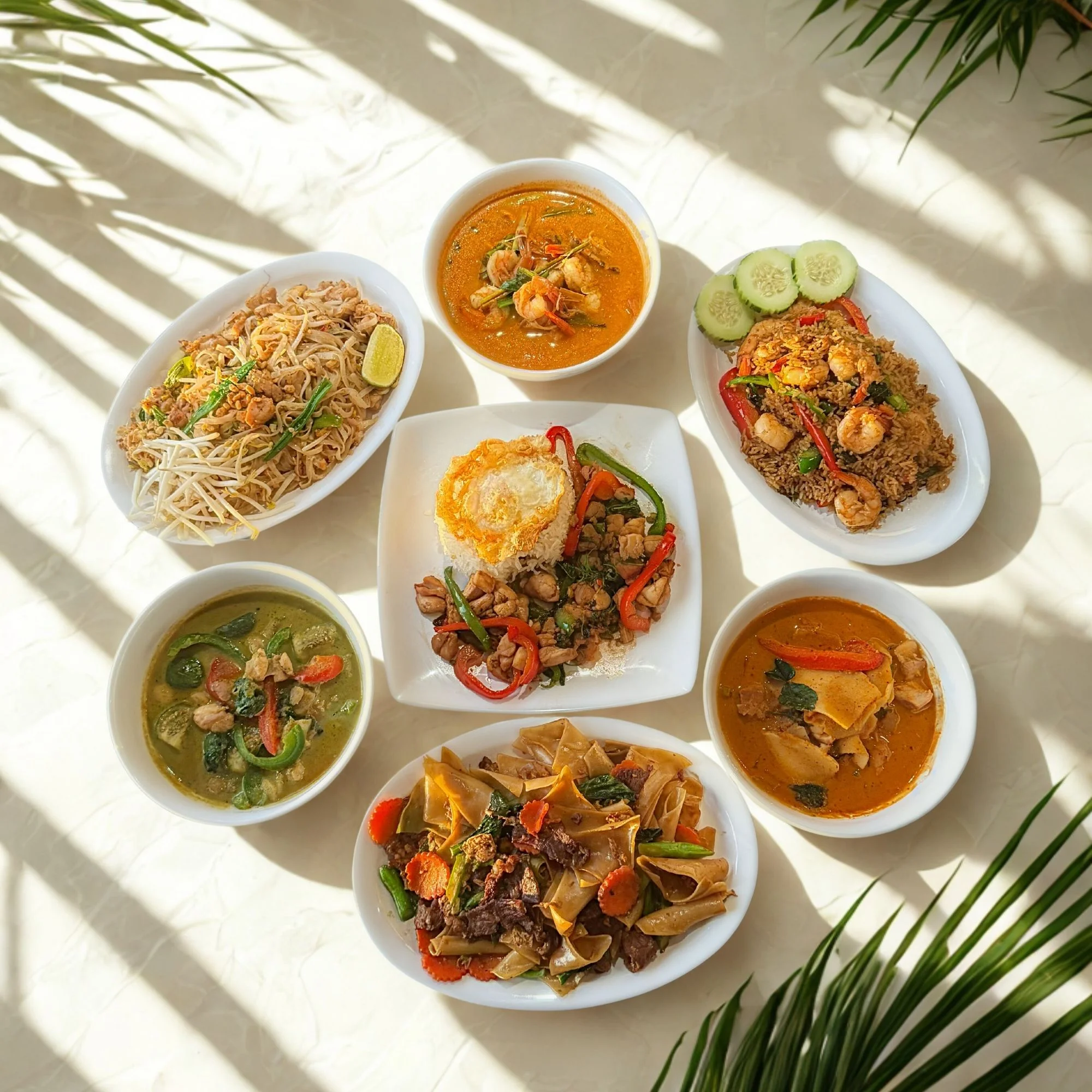 Assorted Thai dishes including curry and fried rice