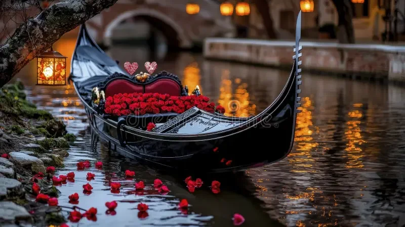 Romantic gondola with roses on a serene canal