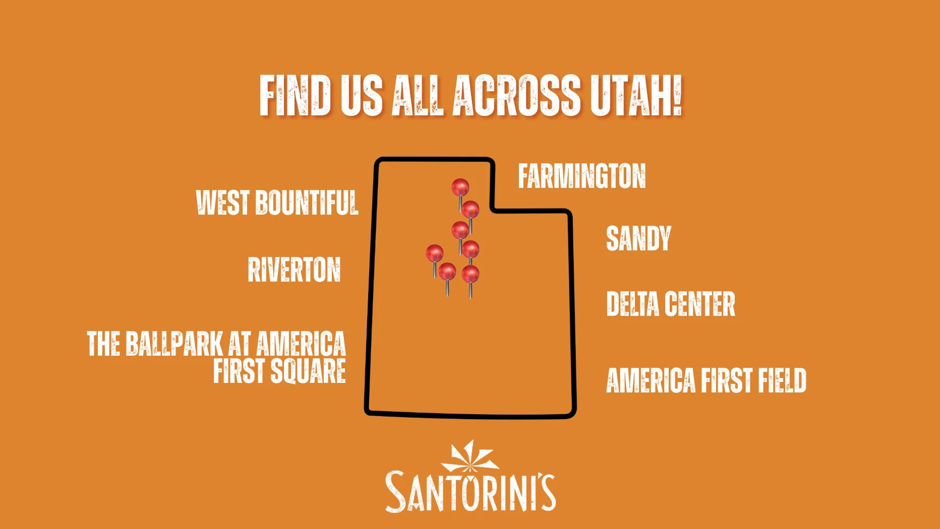 Santorini's Greek Grill Utah locations map showing Farmington West Bountiful Sandy Riverton Delta Center and America First Field