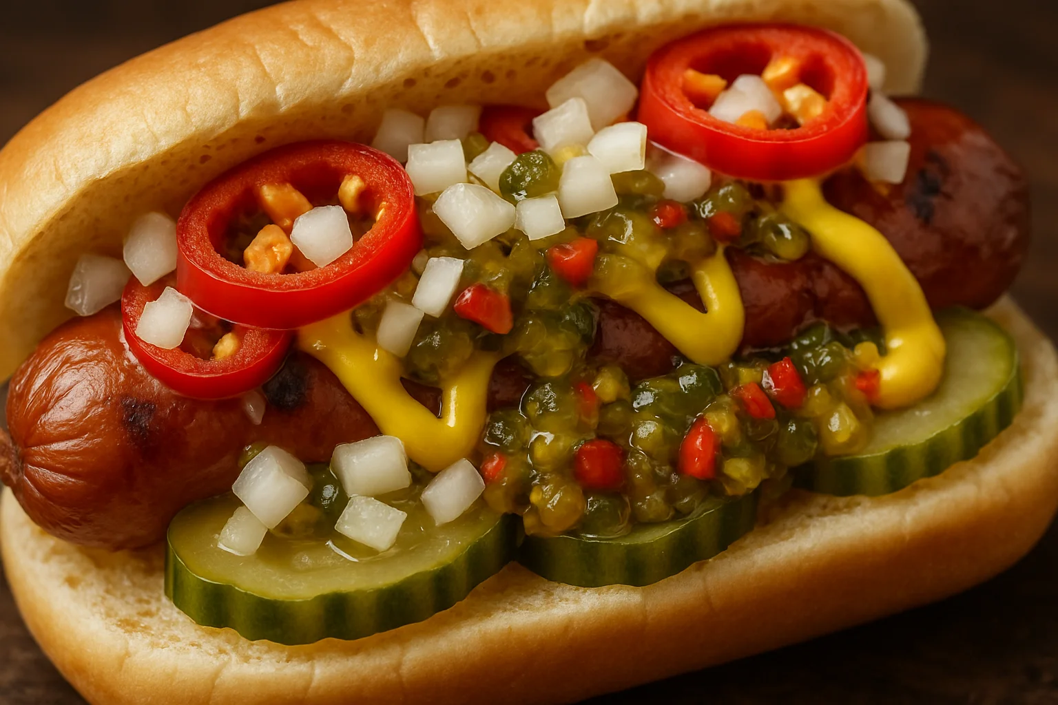 Classic American hot dog topped with mustard and relish