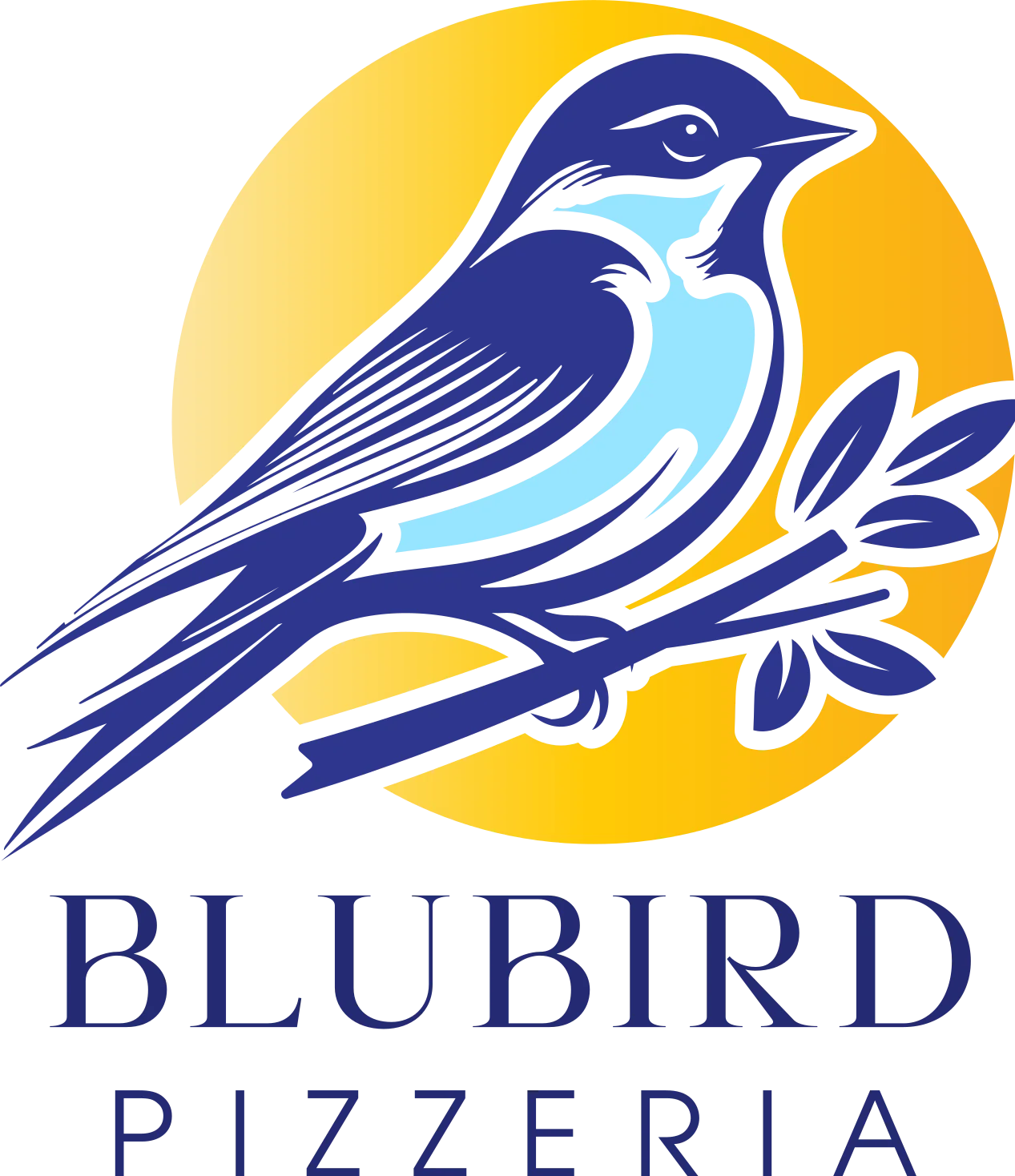 A colorful logo featuring a blue bird perched on a branch with a yellow circular background, representing a pizzeria.