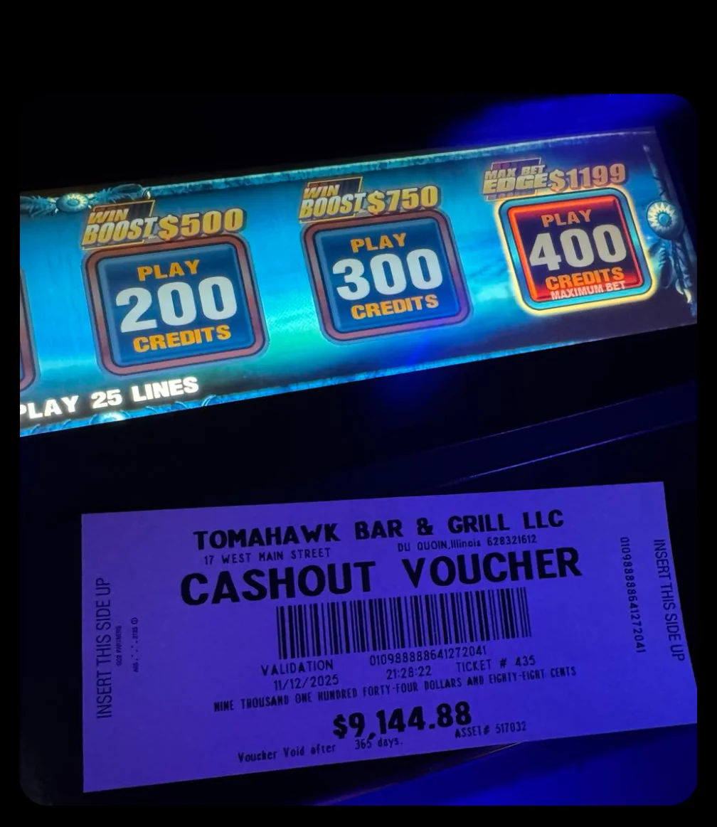 Cashout voucher from Tomahawk Bar & Grill with slot machine display