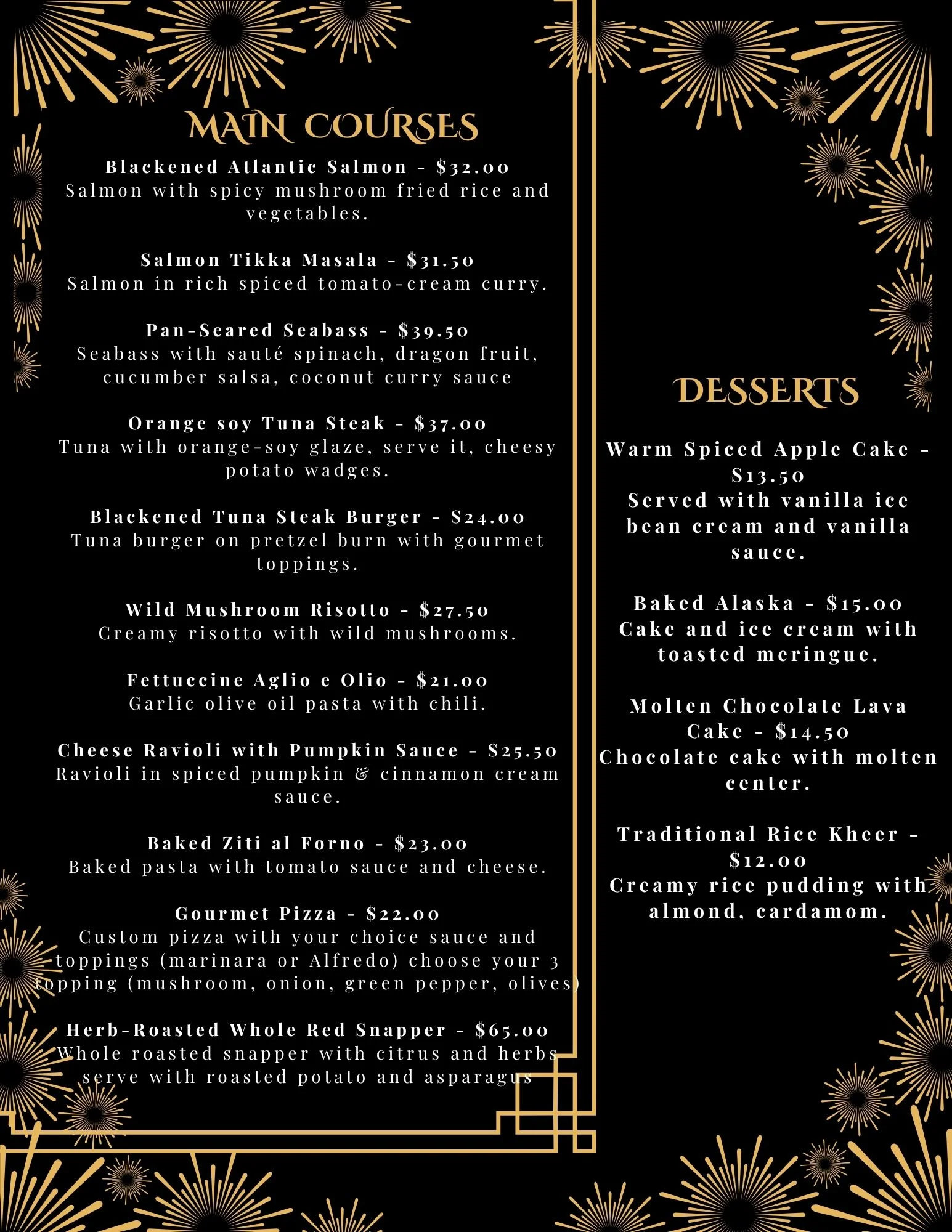 Elegant restaurant menu featuring main courses and desserts