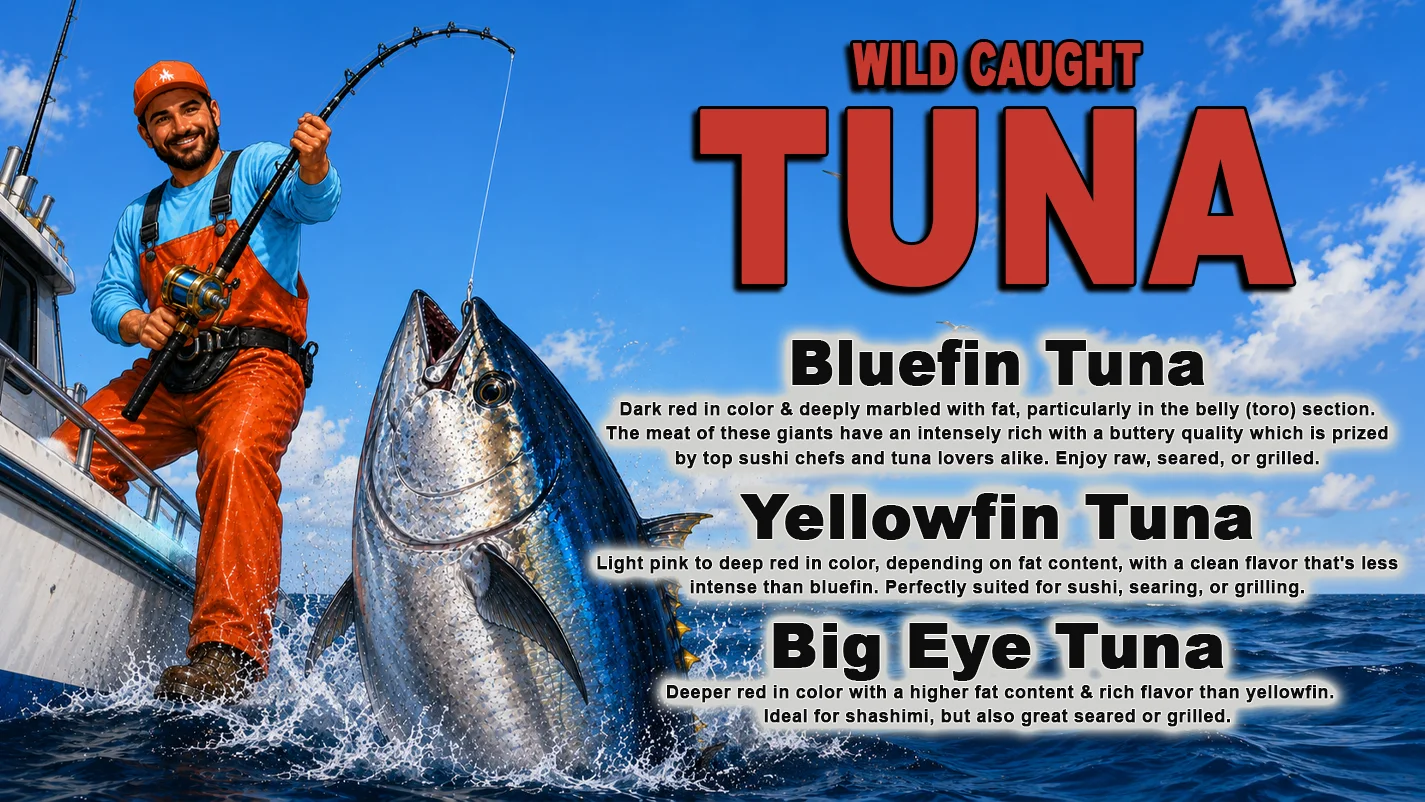 A fisherman proudly holding a large tuna on a boat with a blue sky.
