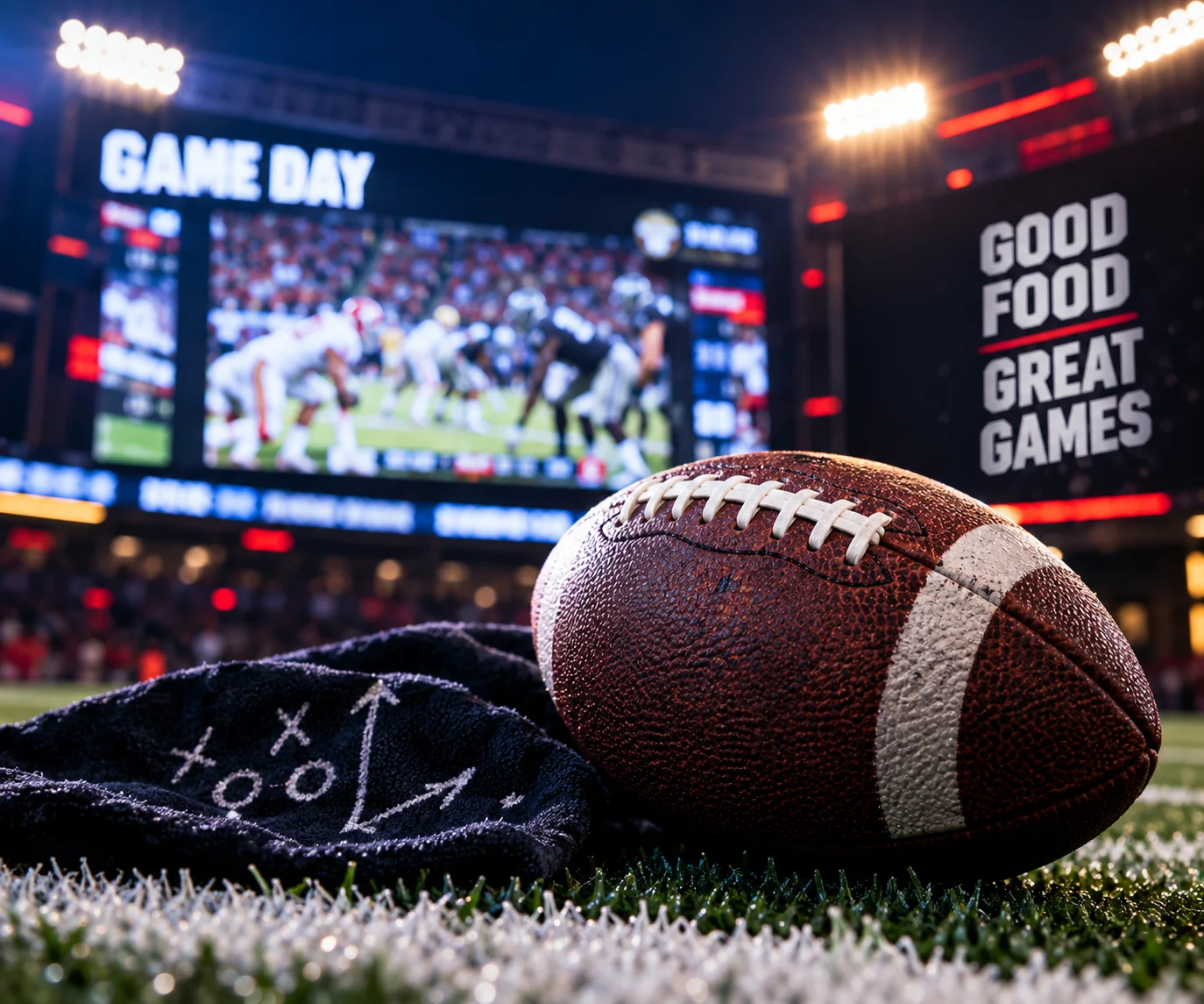 Football on the field with game day atmosphere and vibrant stadium lights
