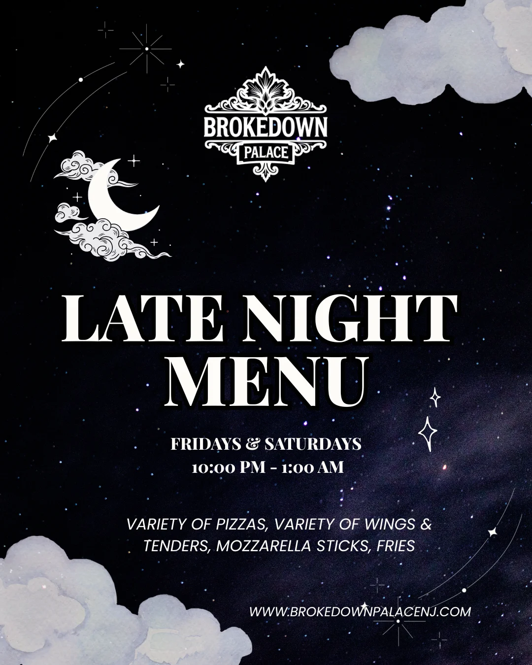 Late night menu featuring pizza, wings, and mozzarella sticks at a restaurant