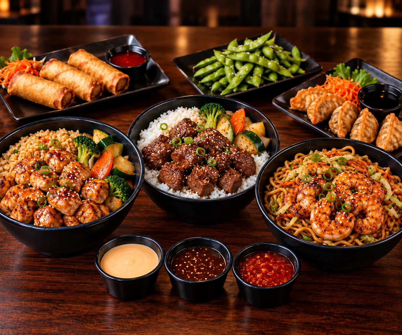 An assortment of Asian dishes featuring three bowls: one with chicken and vegetables, another with beef and rice, and the last with shrimp noodles. Accompanying items include spring rolls, edamame, and dipping sauces.