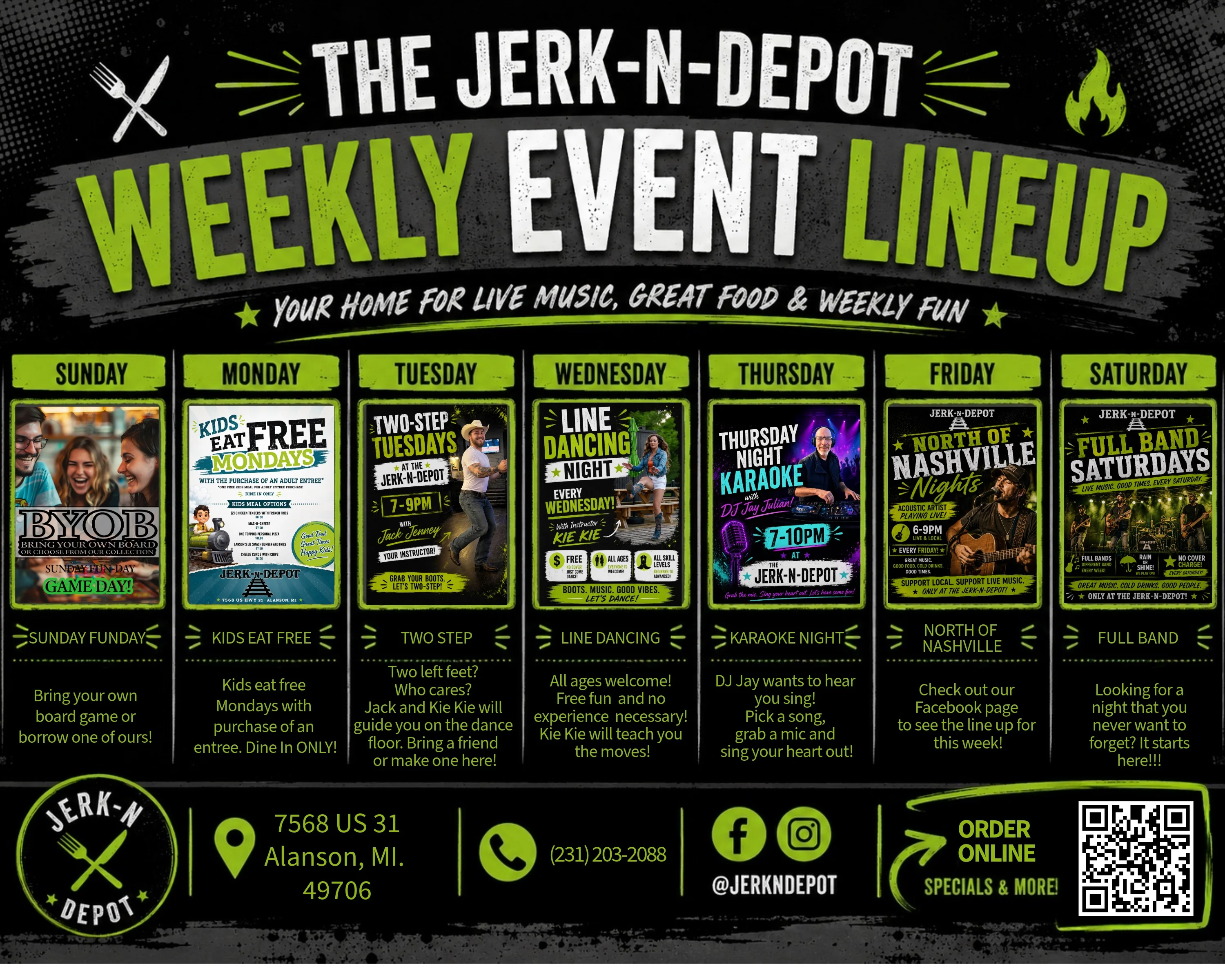 Weekly event lineup at Jerk-N-Depot restaurant in Alanson, MI