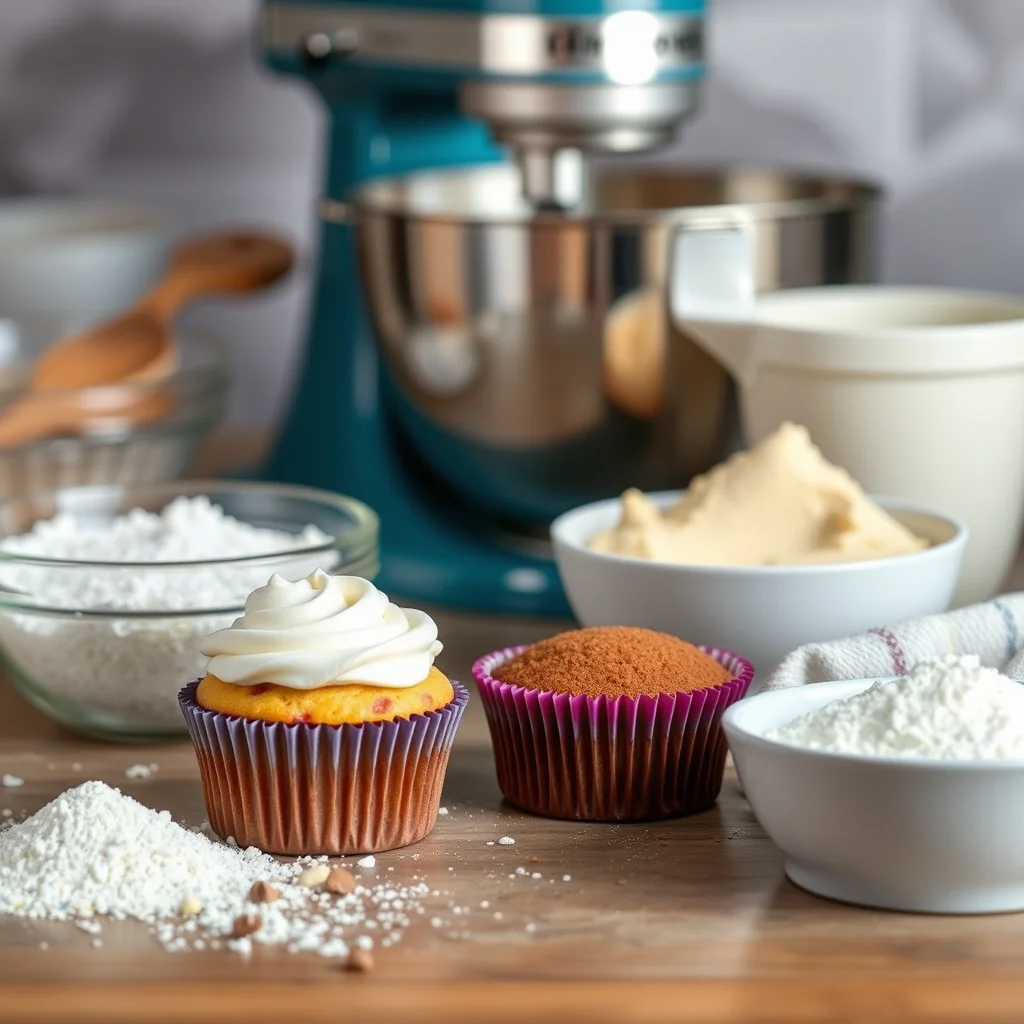 Baking setup with colorful cupcakes and mixing equipment