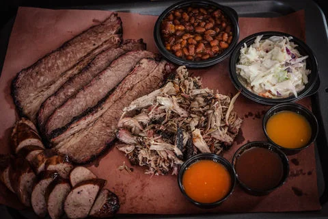 Texas-style barbecue platter with brisket and pulled pork