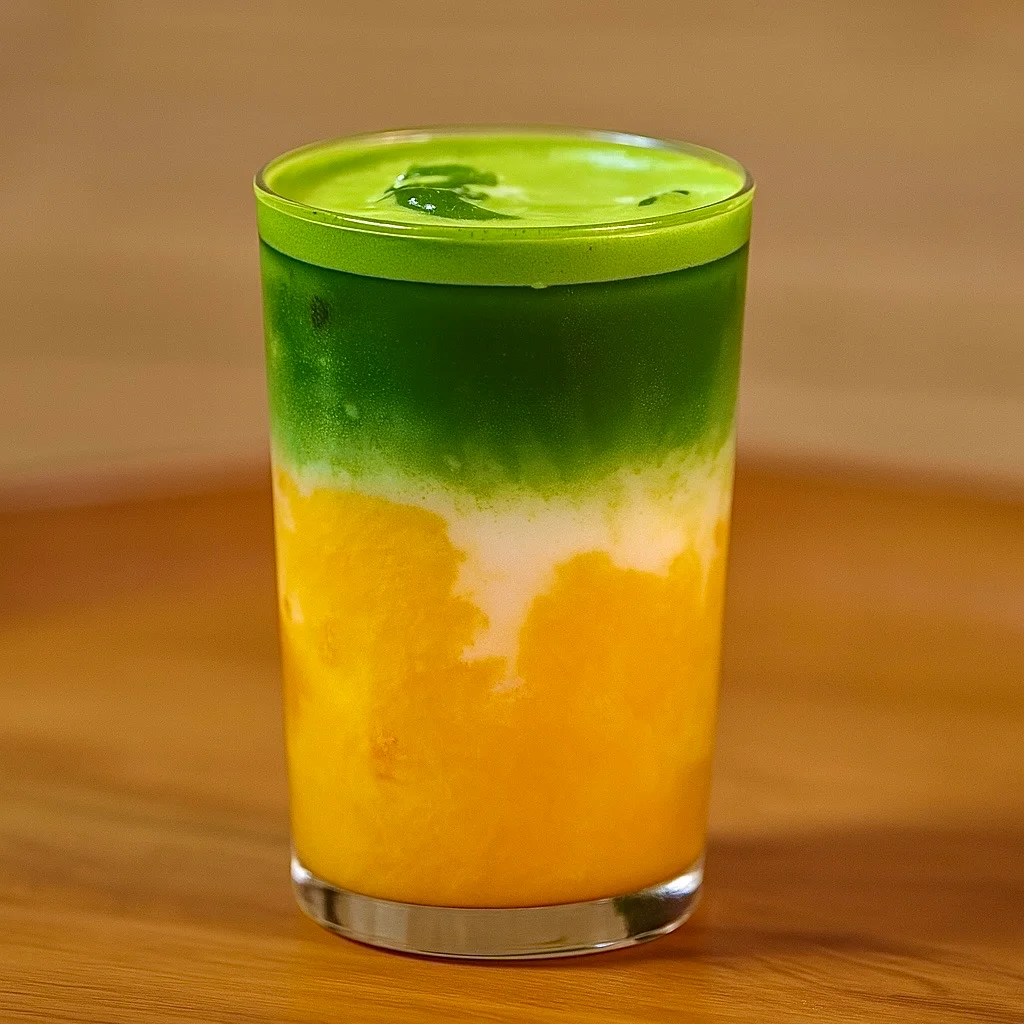 Colorful layered mango and matcha drink