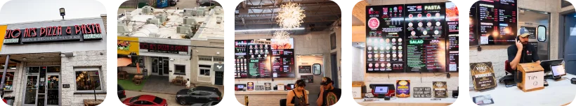Exterior and interior views of a vibrant pizza restaurant