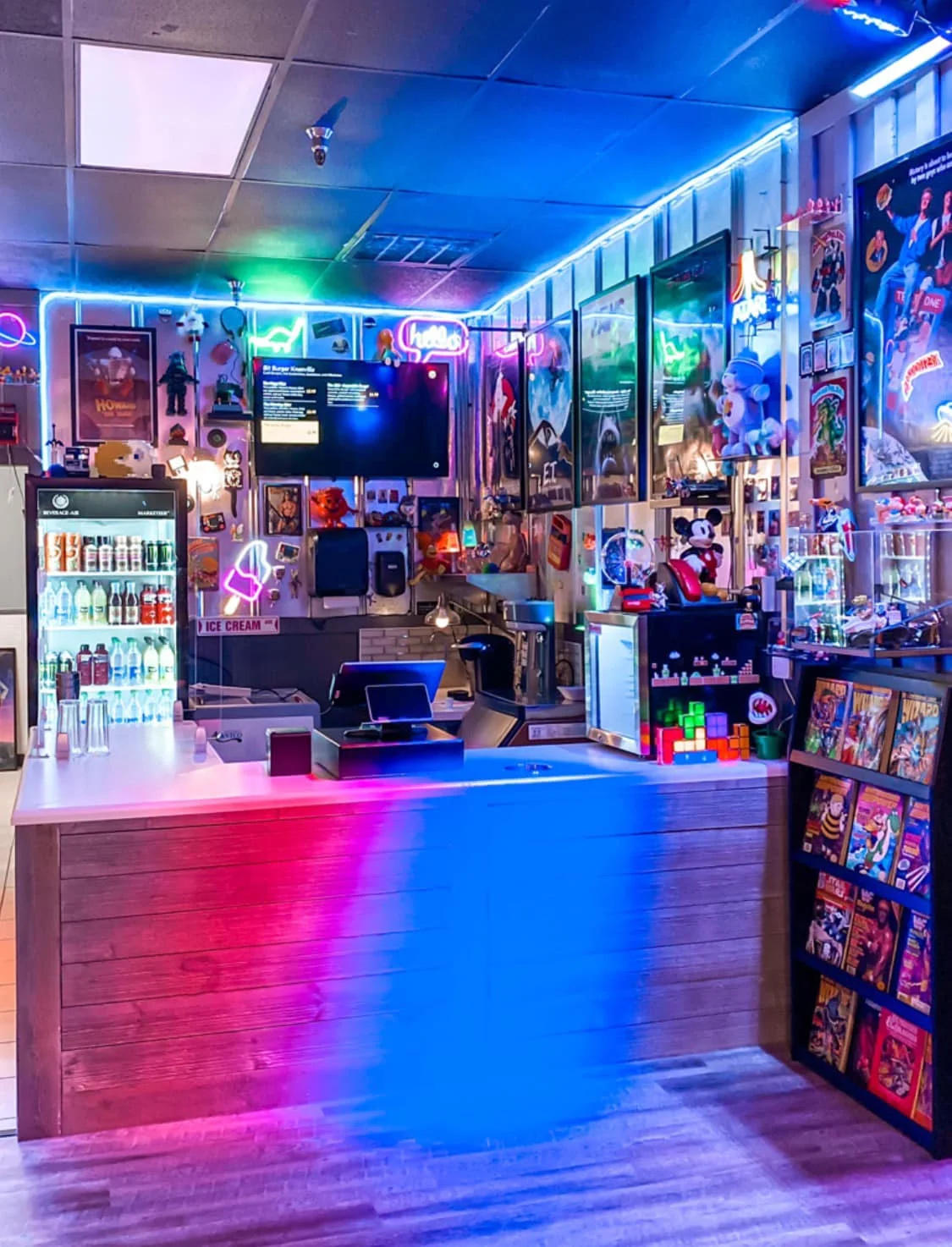 Vibrant retro-themed restaurant interior with neon lights