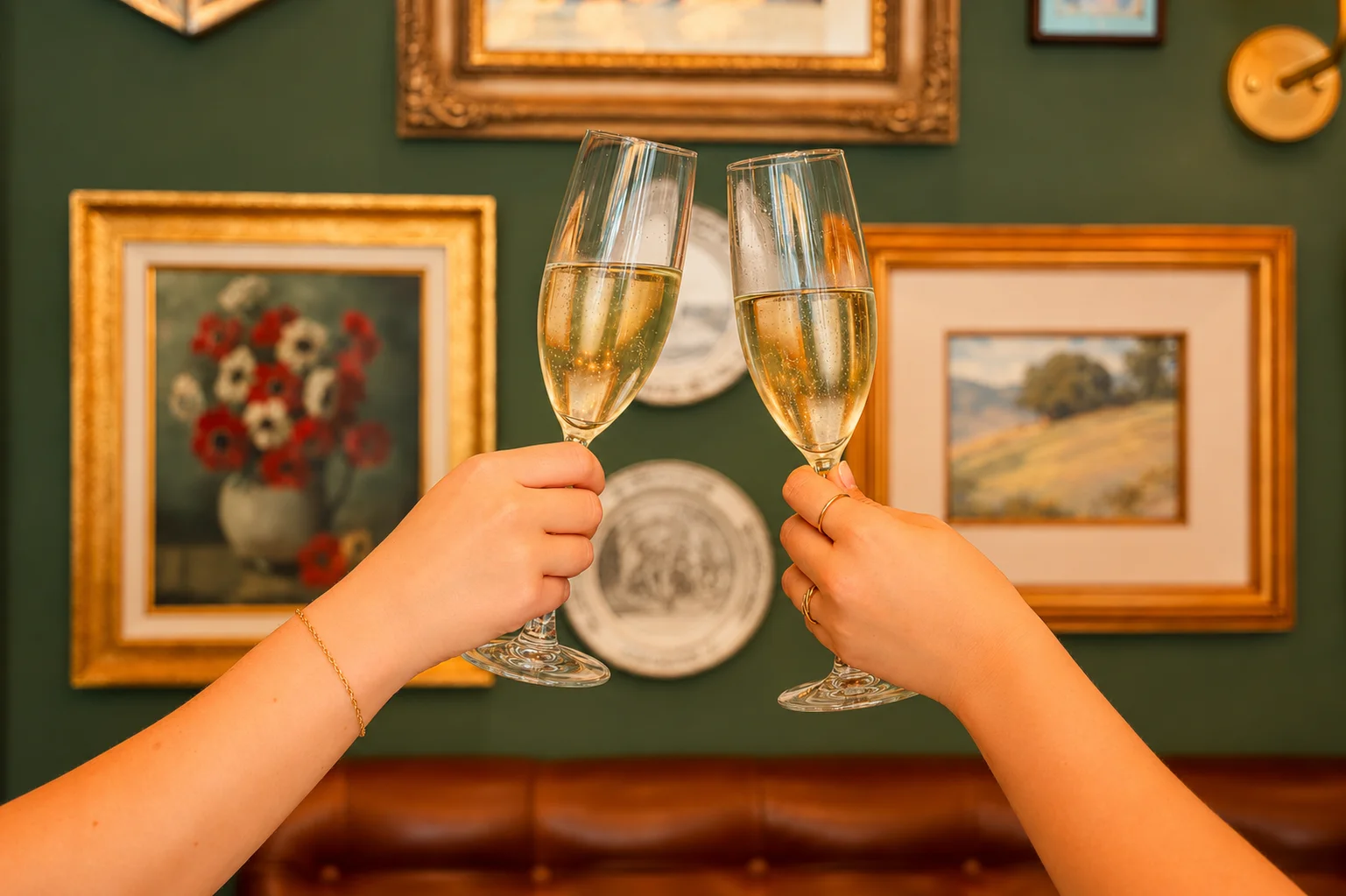 Two champagne flutes raised in a stylish restaurant interior