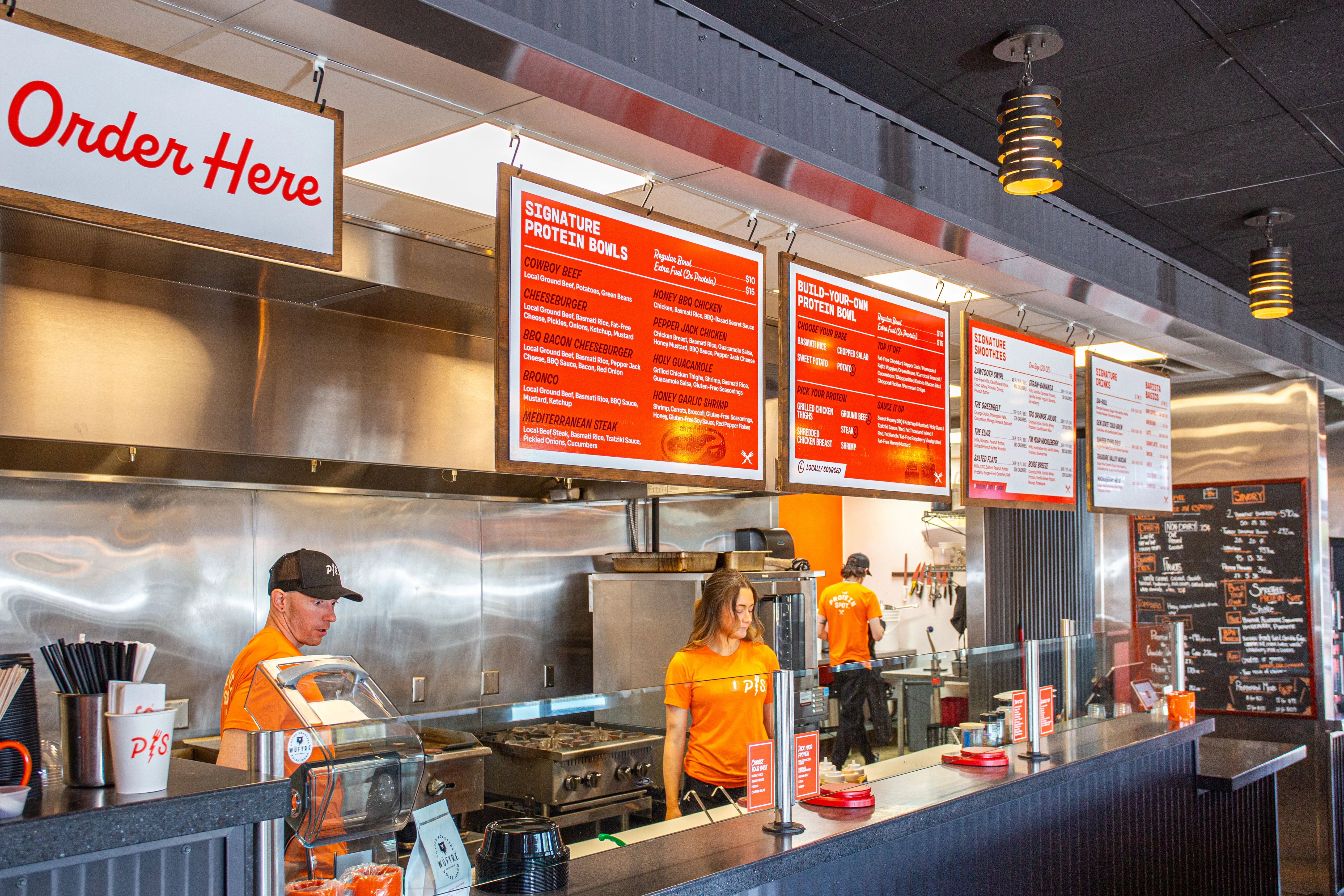 Modern restaurant counter with protein bowl menu