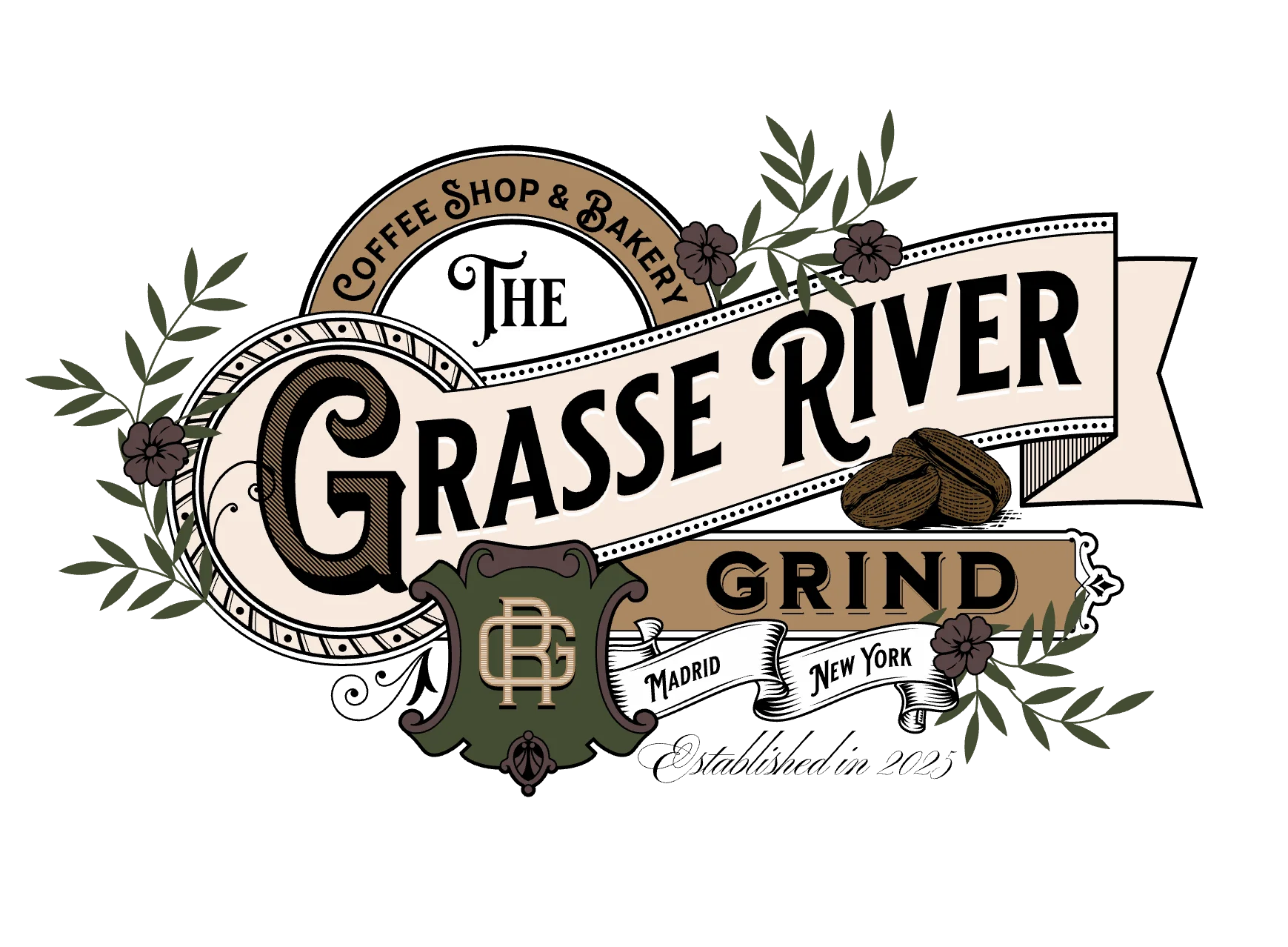 Vintage logo for Grasse River Grind coffee shop and bakery