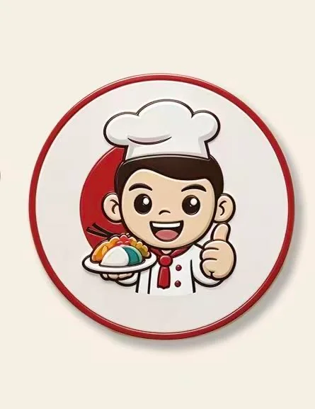 Illustrated chef logo holding a colorful sushi plate