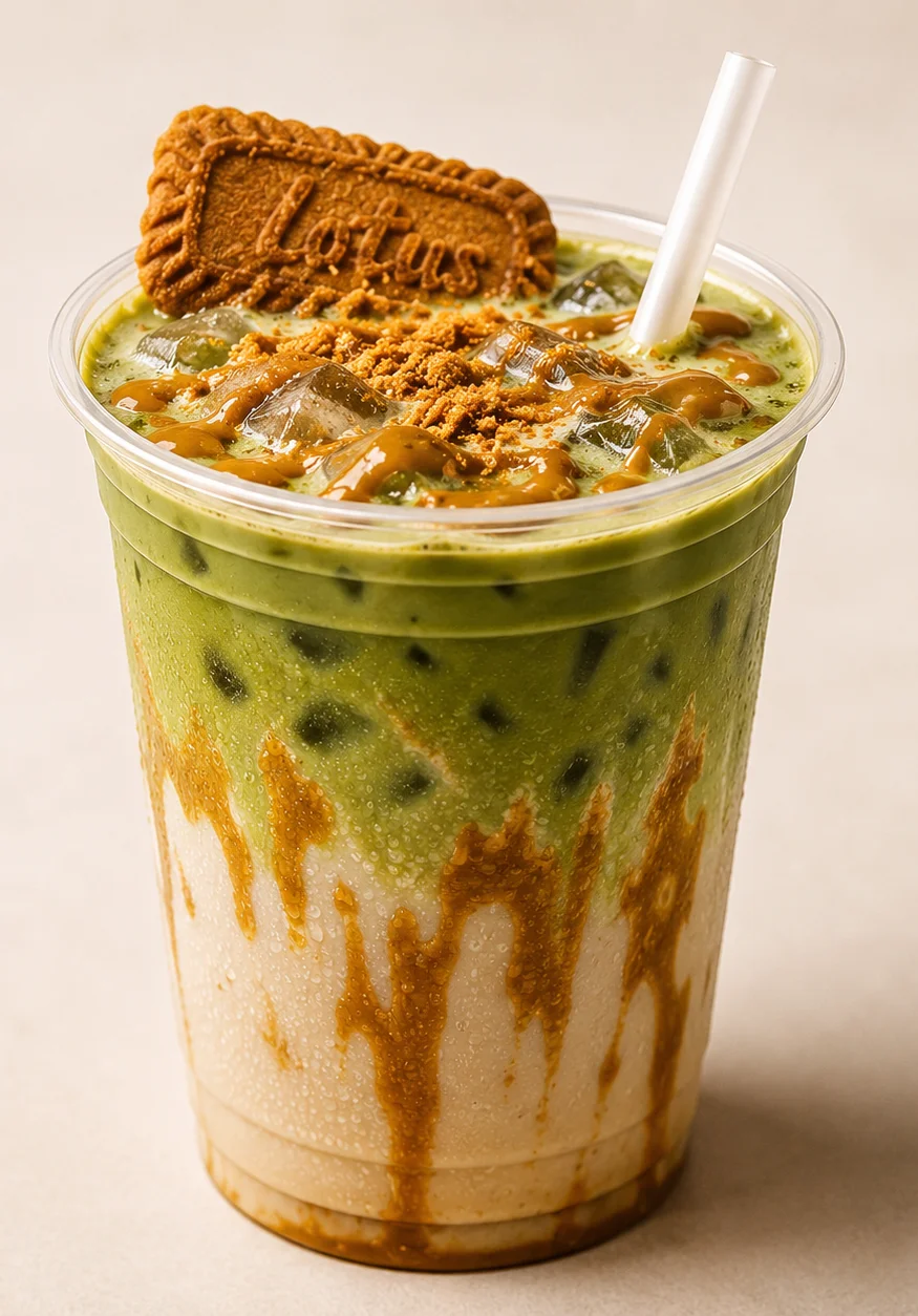 Iced matcha latte with caramel drizzle and Lotus biscuit