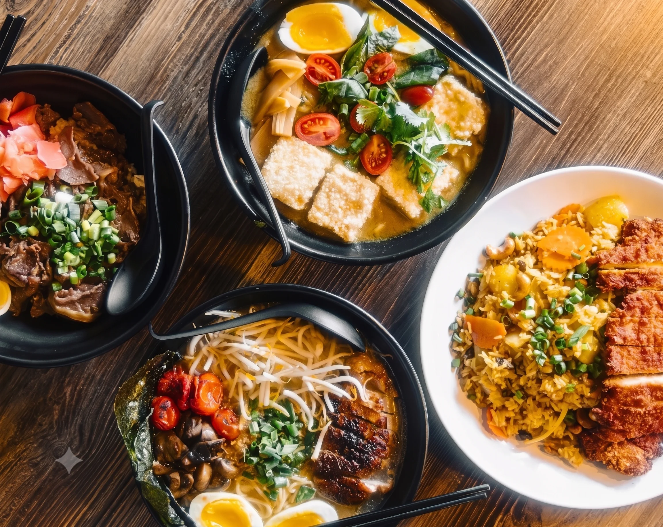 Assorted Asian noodle dishes including ramen and pho