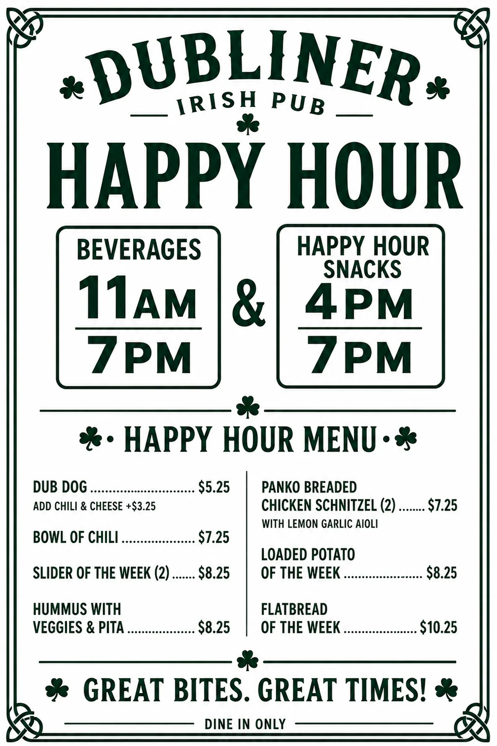 Irish pub happy hour menu with snacks and beverages