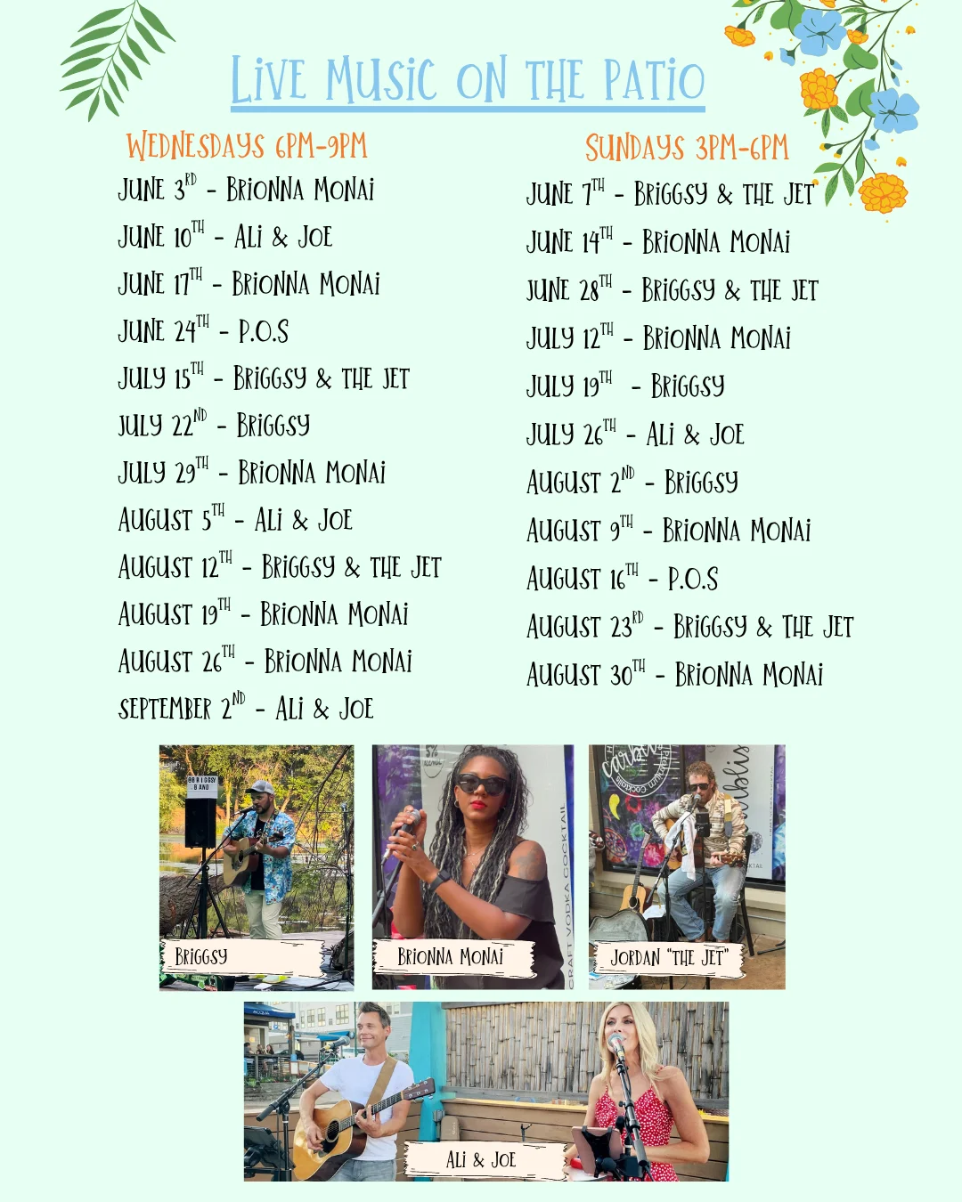 Schedule of live music events on the patio with artist names and dates.