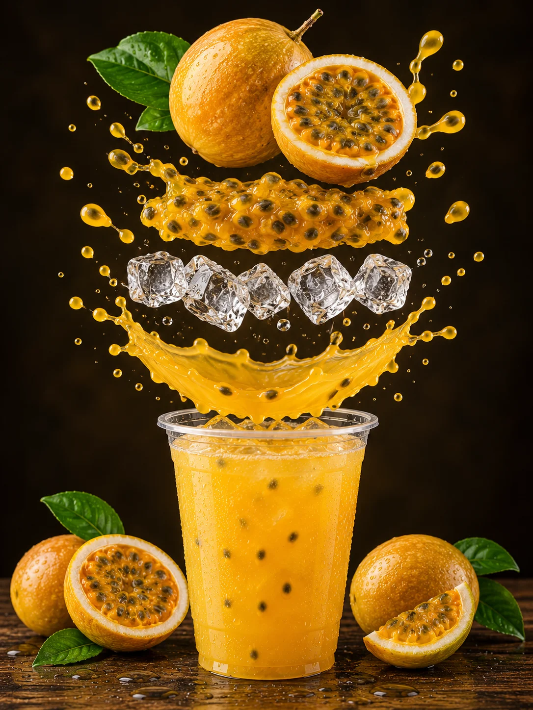 A refreshing passion fruit drink with splashes of juice and ice cubes, surrounded by whole and sliced passion fruits.