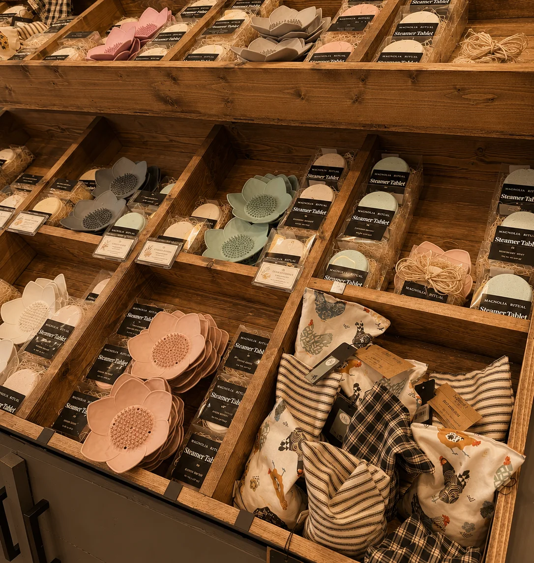 Handcrafted bath and body gifts displayed inside Magnolia Ritual Texas Apothecary.