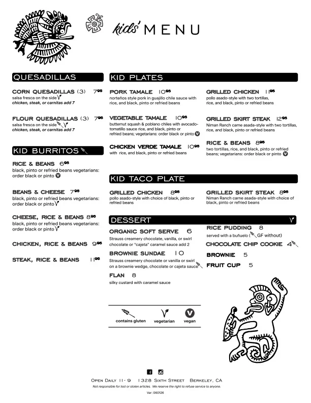 Kids' menu featuring Mexican dishes like quesadillas and tamales