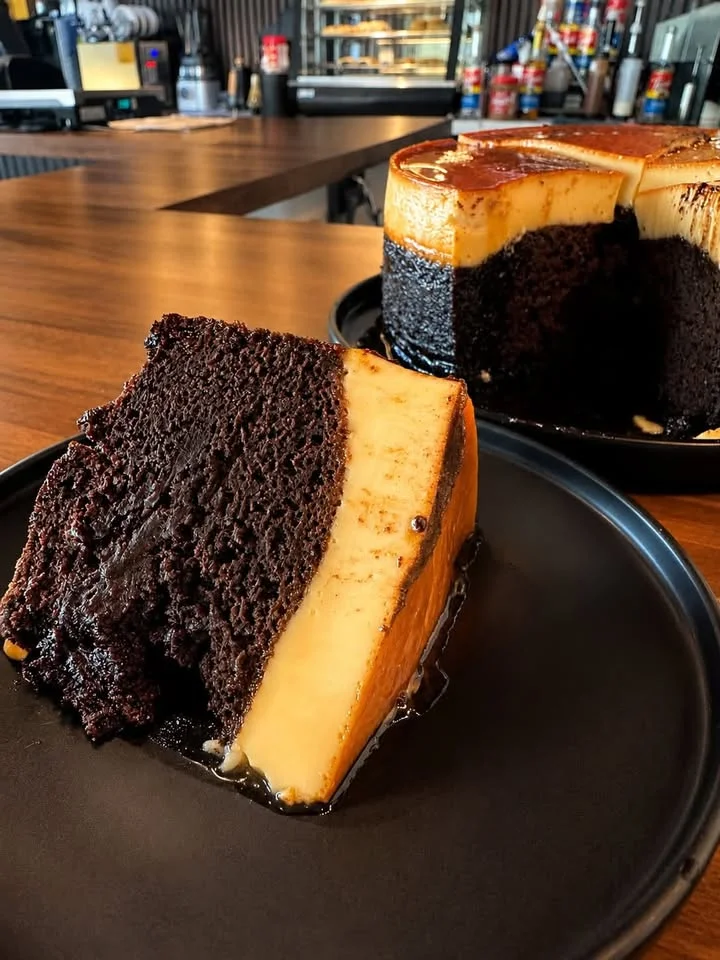 Flan cake, a popular Latin American dessert with chocolate and caramel layers