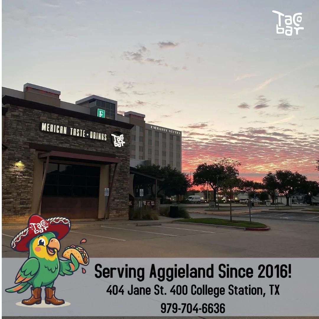 Taco Bar restaurant exterior at sunset in College Station, TX
