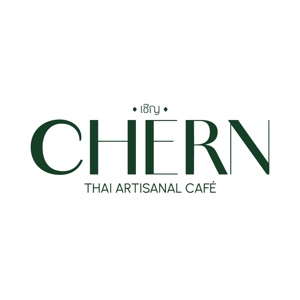 A logo for CHERN, a Thai Artisanal Café, featuring elegant typography in green against a contrasting background.