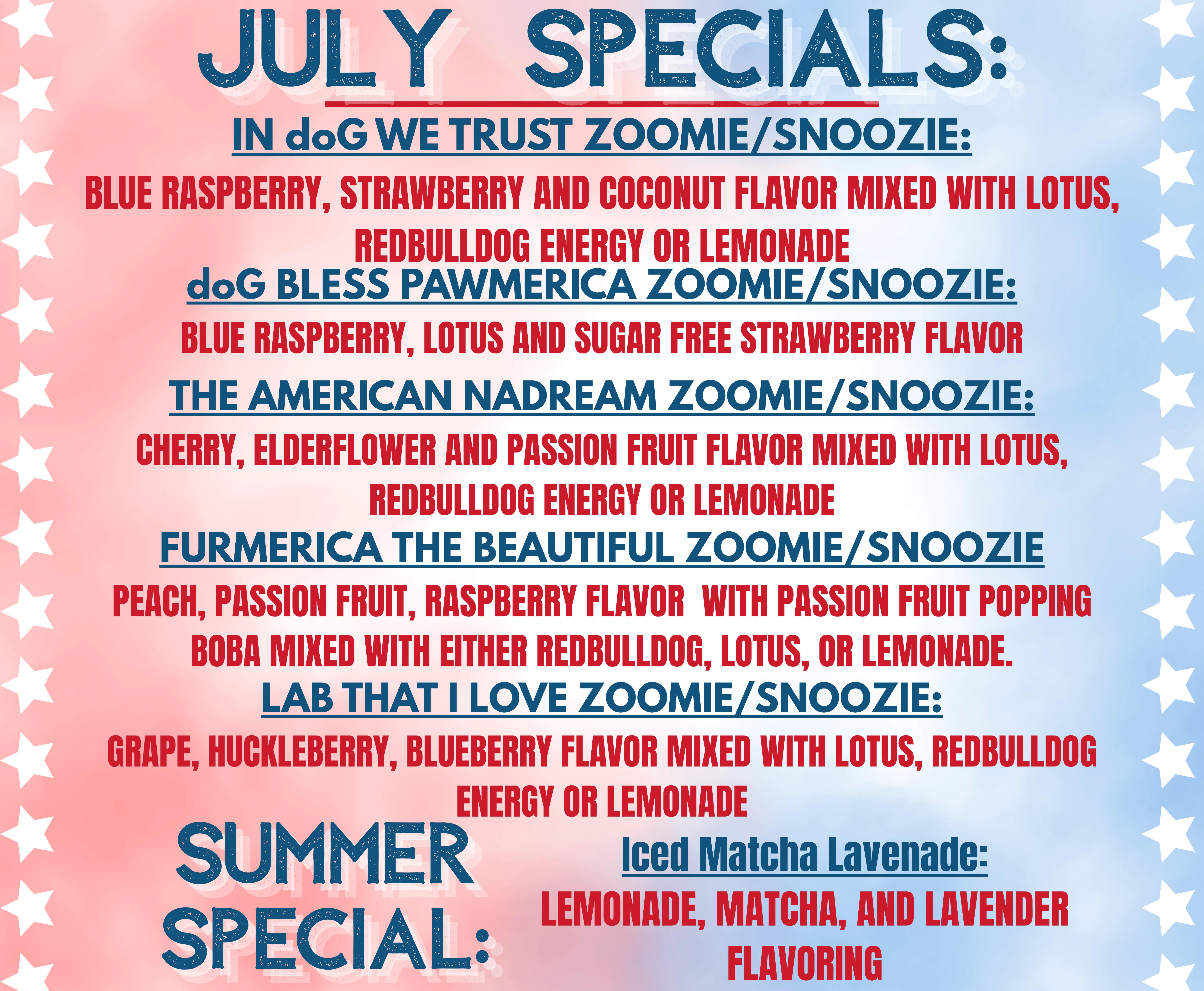 Colorful June drink specials menu with tropical themes