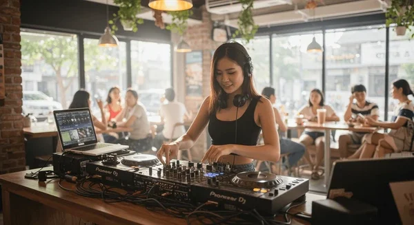 A vibrant coffee shop scene with high energy and Asian decor.
