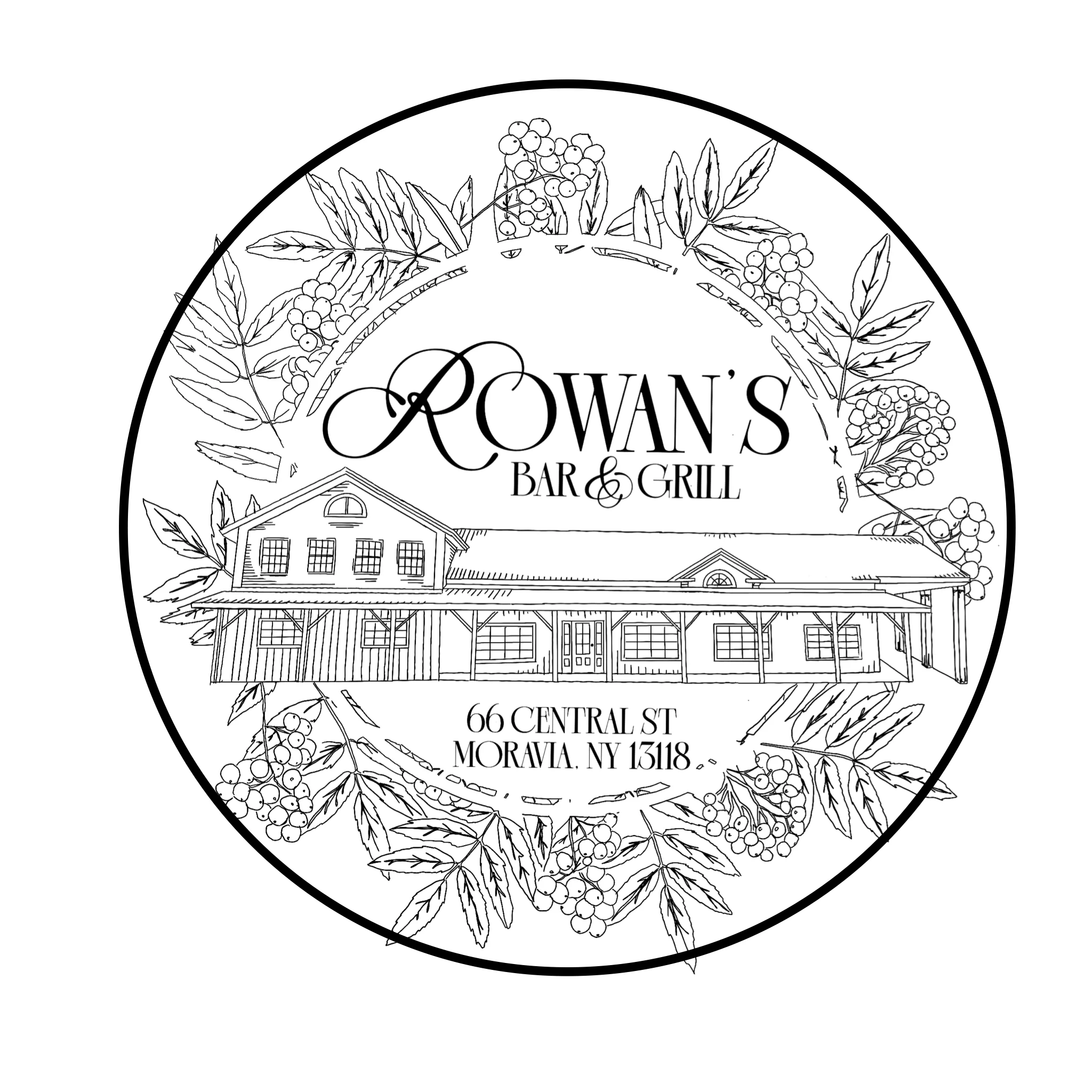Logo of Rowan's Bar & Grill featuring a rustic building design