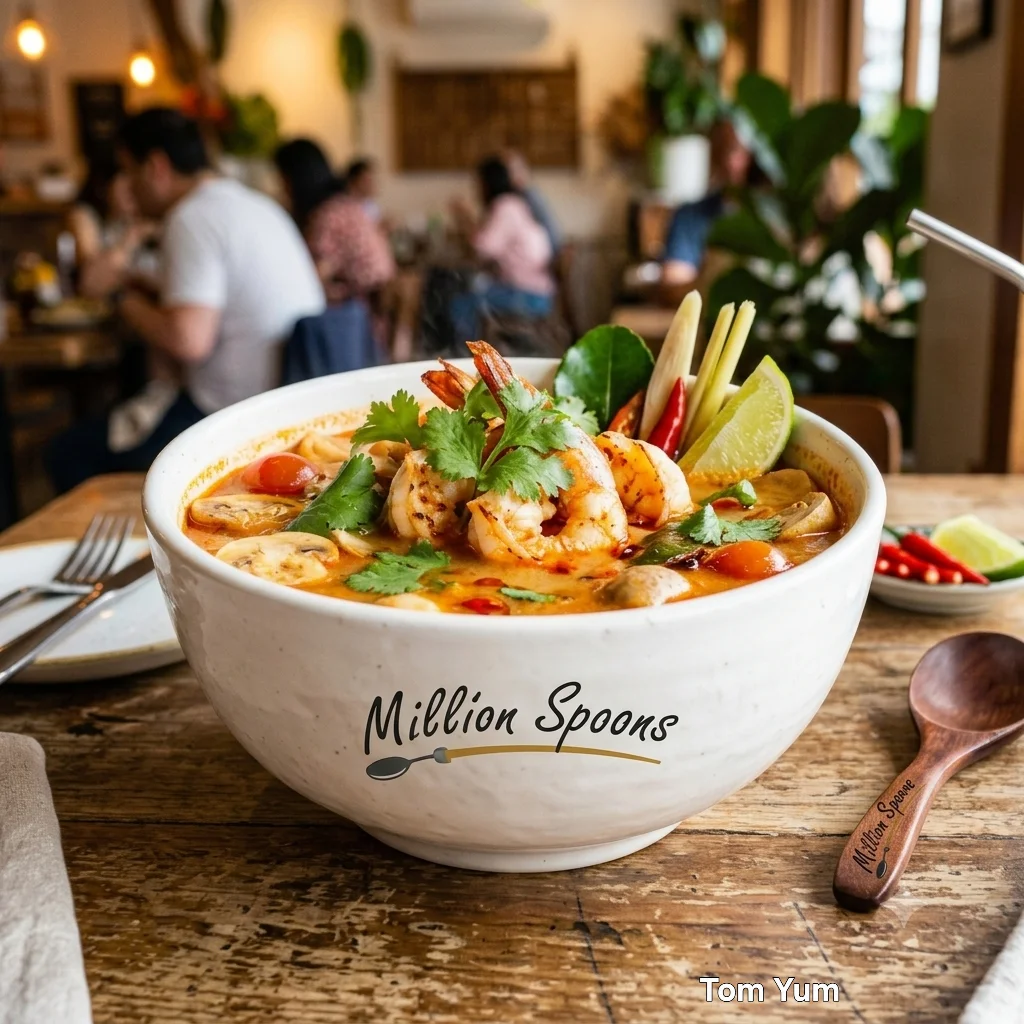 Authentic Thai tom yum soup with shrimp and fresh herbs