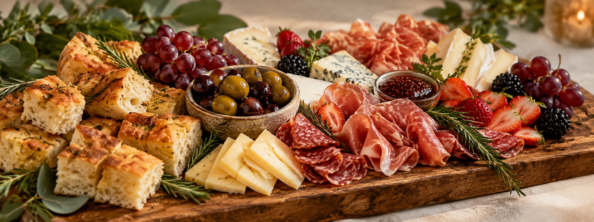 European charcuterie board with cheeses, cured meats, olives, and focaccia