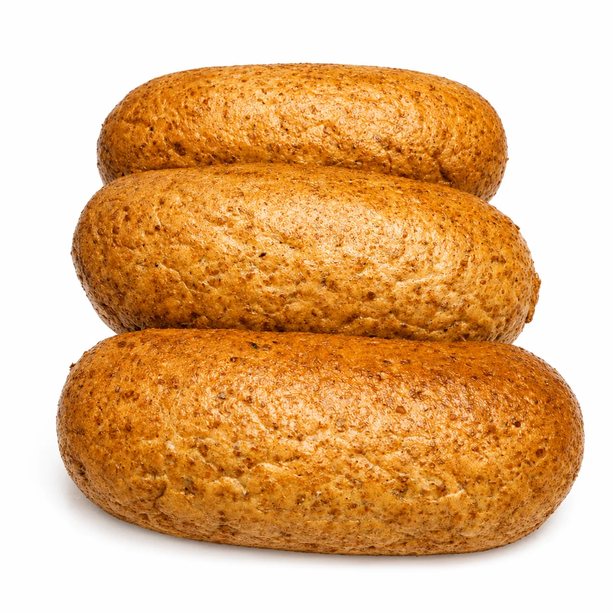 Three golden-brown oval-shaped bread rolls stacked on top of each other.
