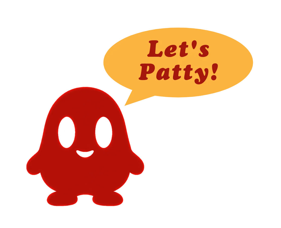 Playful character with speech bubble saying 'Let's Patty!'