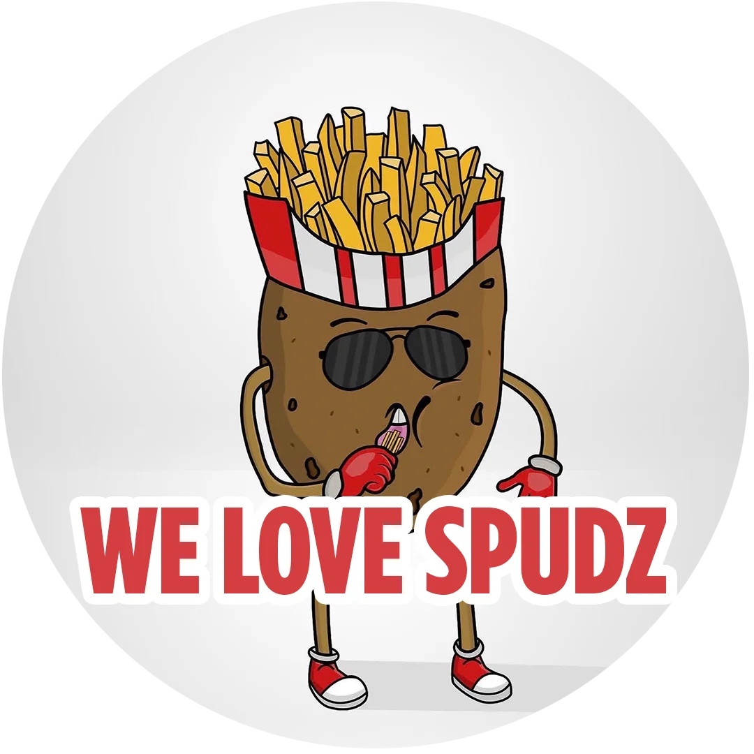 Cartoon potato character enjoying fries with sunglasses